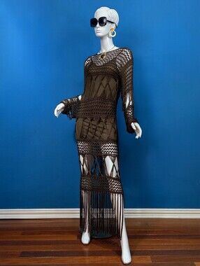 🆕️🌊 ASOS 70s Style Long Sleeve Macrame Maxi Dress w/ Fringe Accents // (NWT)